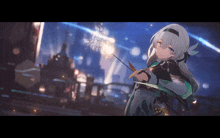 a girl with white hair is holding a sword and a sparkler