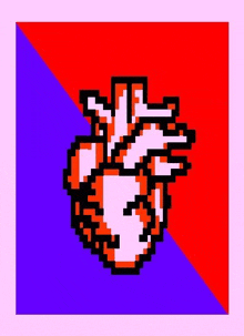 a pixel art illustration of a human heart on a red and blue background .