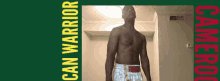 a man without a shirt is standing in a hallway with the words can warrior on the bottom right