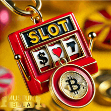 a red slot machine with a gold coin that says bitcoin on it