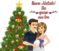 a man and a woman standing in front of a christmas tree with the words buon natale da quasi noi tre