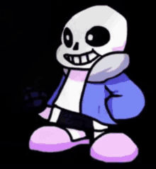 a cartoon drawing of a skeleton wearing a blue jacket and purple shoes .