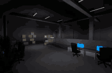 a dark room with boxes on shelves and a few computers