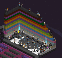 a group of people are standing in front of a rainbow wall with a sign that says ' rainbow '