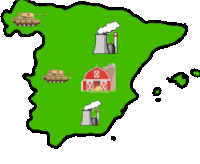 a green map of spain with a red barn and a nuclear plant