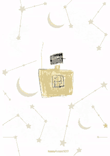 a drawing of a bottle of chanel perfume surrounded by stars and moons