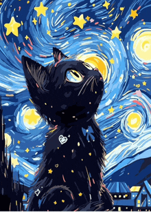 a painting of a black cat looking up at stars