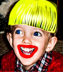 a child wearing a yellow wig and red lipstick smiles