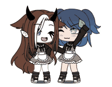 a girl with horns is standing next to another girl with a leaf on her head