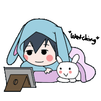 a cartoon of a girl with bunny ears watching a movie on a laptop