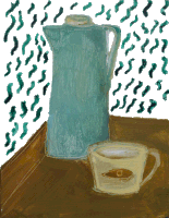 a painting of a pitcher and a cup with green swirls in the background