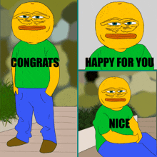 a cartoon of a man wearing a green shirt that says congrats