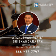 an ad for law offices of sris p.c. shows a man in a suit and tie