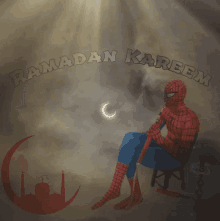 a spider man sitting in front of a crescent moon with the words ramadan kareem written above him