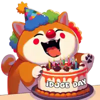 a cartoon dog wearing a clown hat is holding a birthday cake that says idoge day