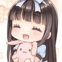 a cute anime girl is holding a pink stuffed bunny rabbit .