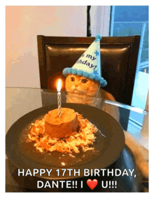 a cat wearing a birthday hat looks at a birthday cake with a candle