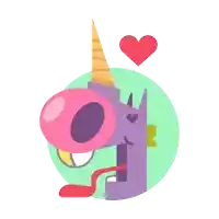 a purple unicorn with a pink horn and a red heart above it