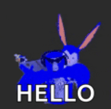 a blue bunny is holding a gun and says hello