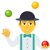 a man wearing a hat and bow tie is juggling three balls