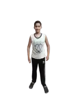 a boy wearing a white tank top that says ' brooklyn ' on it