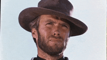 a man with a beard wearing a cowboy hat and a black shirt .