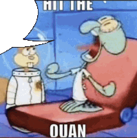 a cartoon character with a speech bubble that says hit me ouan