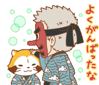 a cartoon of a man wearing a tengu mask petting a cat ..