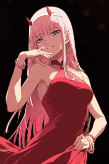 a girl with pink hair is wearing a red dress