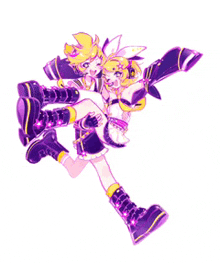 a drawing of a boy and a girl with purple shoes