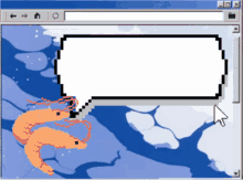 a computer screen with a speech bubble and shrimp