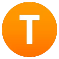 an orange circle with a white letter t inside