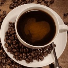 a cup of coffee on a saucer surrounded by coffee beans and a spoon