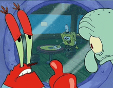 spongebob squarepants and squidward are looking at each other through a window .