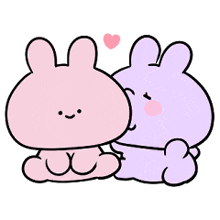 a pink and purple bunny are hugging each other with a heart in the middle .