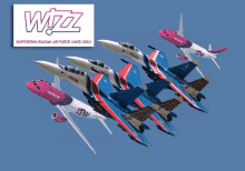 a group of fighter jets are flying in a formation with a wizz logo in the background