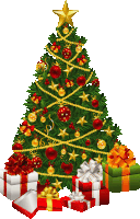 a christmas tree with red and gold ornaments and gifts underneath