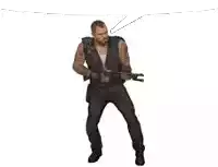 a man is holding a gun in his hand and dancing .