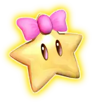 a yellow star with a pink bow on its head