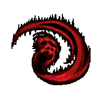 a pixel art of a red swirl with a skull in the center