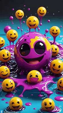 a purple smiley face is surrounded by yellow smiley faces .