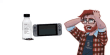 a man holding his head next to a nintendo switch and a bottle of soylent coffee