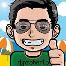 a cartoon man wearing sunglasses and giving a thumbs up .