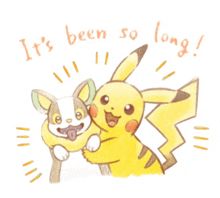 a drawing of a pikachu and a dog with the words it 's been so long written above them