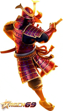 a samurai holding a sword with a logo for agen69