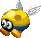 a pixel art drawing of a yellow bee with wings and a helmet .