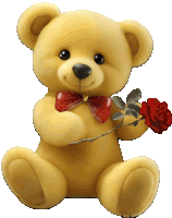 a teddy bear is holding a red rose in its paws