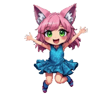 a girl with pink hair and green eyes is jumping in the air .