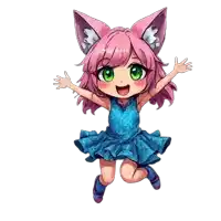 a girl with pink hair and green eyes is jumping in the air .