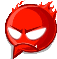 a red cartoon character with flames coming out of its eyes